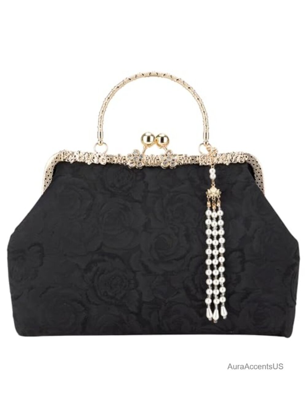 Vintage 1920s Floral Jacquard Kiss Lock Evening Bag with Pearl Tassel